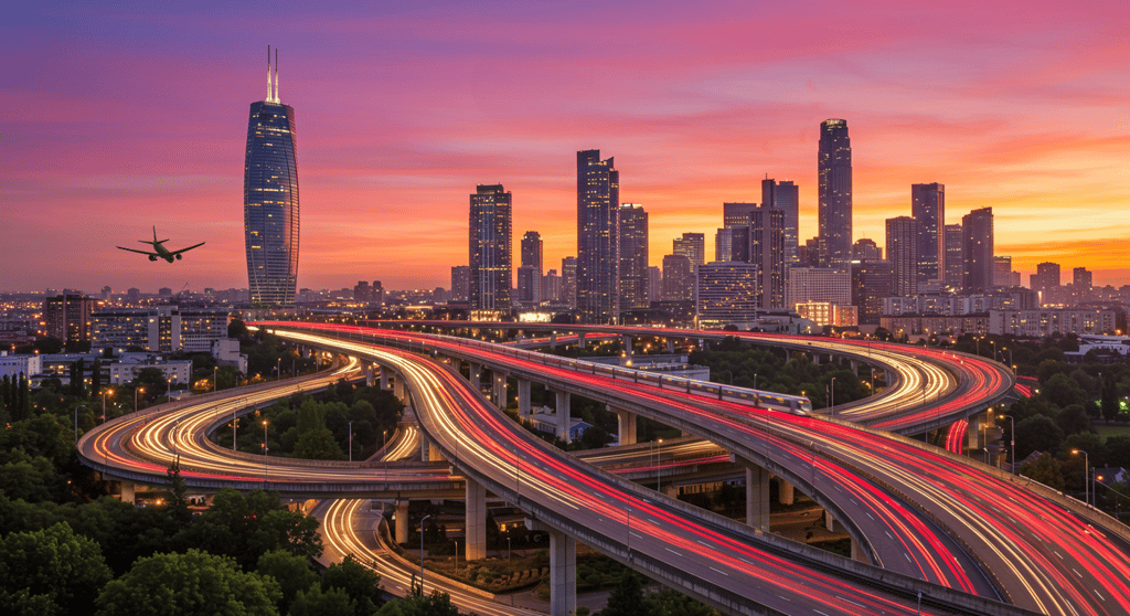 City skyline at sunset with highways and a flying airplane