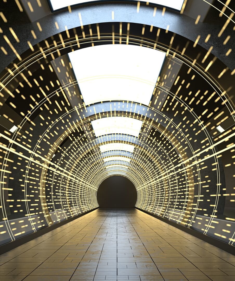 Dark tunnel with a glowing neon light