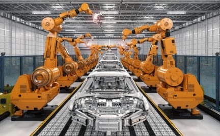 Automated car manufacturing line with robotic arms