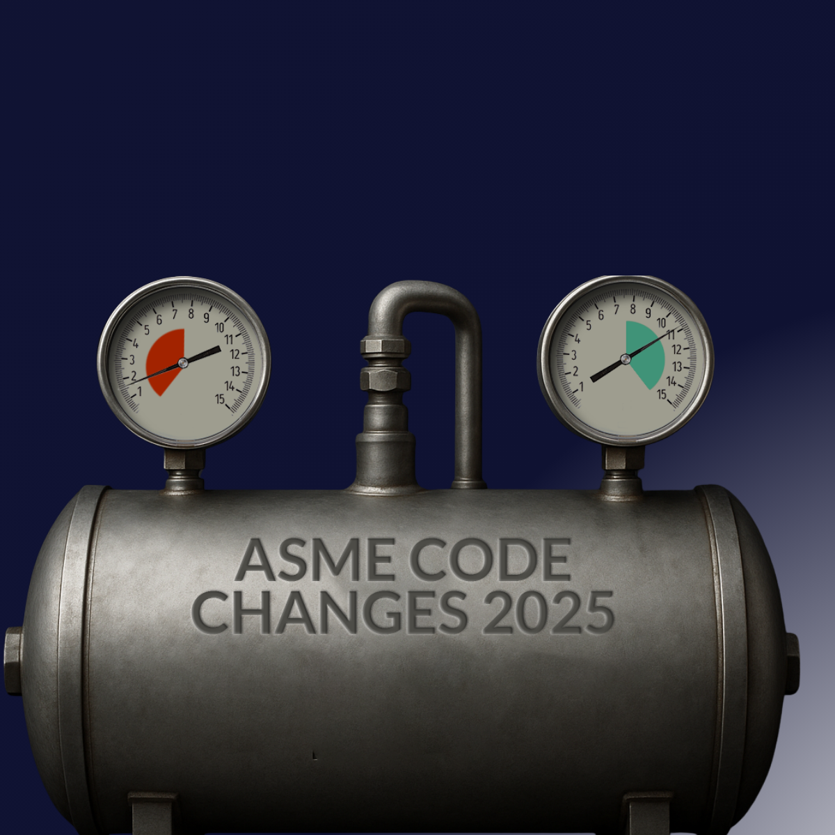 Two pressure gauges on a metal cylinder with the text 'ASME CODE CHANGES 2025